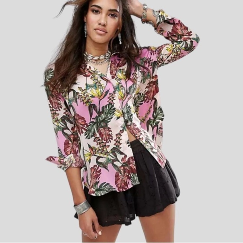 Free People Under The Palms Pink Green Palm Leaf Boho Blouse